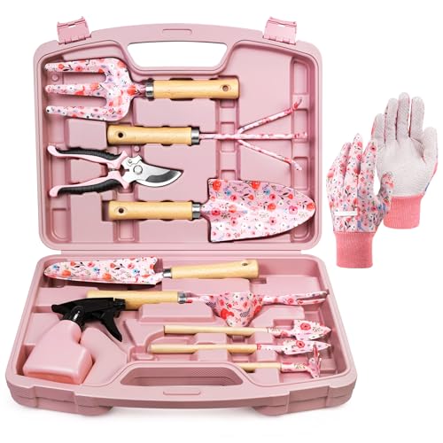 Grenebo 12-Piece Gardening Tool Set, Heavy-Duty Garden Tools for Women - color: Pink