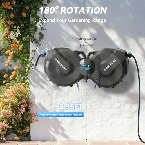Retractable Garden Hose Reel, 5/8 in x 65 ft Wall Mount Heavy Duty Hose Reel with Any-Length Lock, Auto Rewind System, 180° Swivel Bracket, and 10-Pattern Nozzle for Garden, Dark Grey - color: Dark Grey, size: 65FT