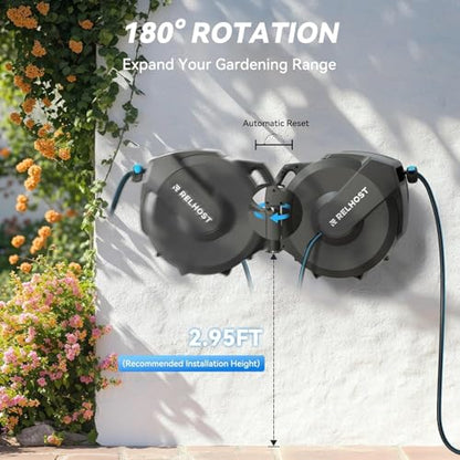 Retractable Garden Hose Reel, 5/8 in x 65 ft Wall Mount Heavy Duty Hose Reel with Any-Length Lock, Auto Rewind System, 180° Swivel Bracket, and 10-Pattern Nozzle for Garden, Dark Grey - color: Dark Grey, size: 65FT