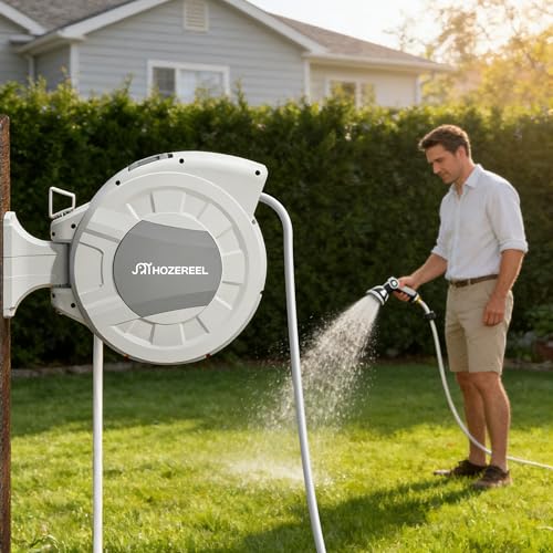 100 FT x 1/2" Retractable Garden Hose Reel Grey - color: Grey