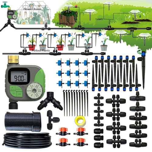 Drip Irrigation System with Water Timer Auto Watering System for Garden 5/16“ID and 1/4 Inch Pipe 162ft Adjustable Spray Kit, for Greenhouse, Garden, Lawn, and for Potted Plants - size: Kit 8a - 162 ft