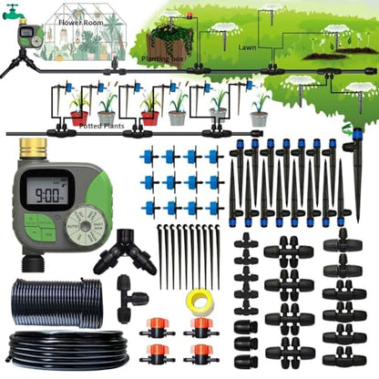 Drip Irrigation System with Water Timer Auto Watering System for Garden 5/16“ID and 1/4 Inch Pipe 162ft Adjustable Spray Kit, for Greenhouse, Garden, Lawn, and for Potted Plants - size: Kit 8a - 162 ft
