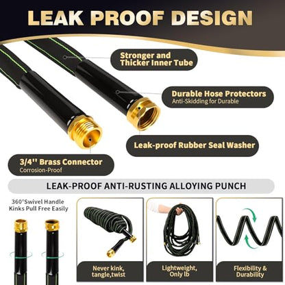Garden Hose 25 ft Water Hose Flexible Heavy Duty Outdoor Lightweight No Kink Long Non-Expandable High Pressure Flat Hoses Pipe 100’ Strong 3/4’’ Brass Fitting for Outside Yard Lawn Car Wash - size: 25FT