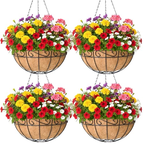 4 Pack 14 Inch Hanging Baskets for Plants Outdoor Metal Hanging Planter Basket with Coco Coir Liner Hanging Flower Pots Holder for Garden, Patio(Flower) - size: 14 Inch, style: English
