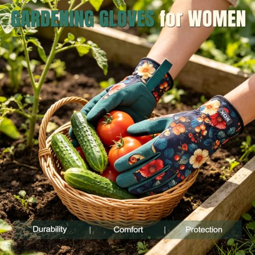 KDK Leather Gardening Gloves for Women Thorn Proof Yard Work Gloves (M) - color: Flowers and Berries, size: Medium