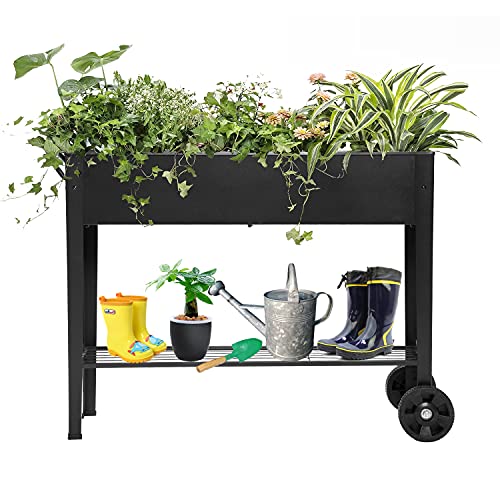 Piksedo Raised Garden Bed, Elevated Planter Metal Plant Box with Wheels with Legs Standing Garden Stand Drainage Holes Frosted Black - size: 40" L x 11" W x 31.5" H