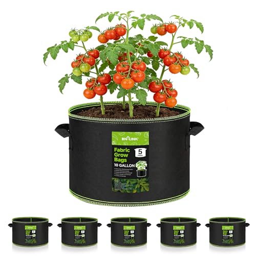 BN-LINK 5-Pack 10 Gallon Grow Bags, Heavy Duty Aeration Fabric Pots with Handles, Thickened Nonwoven Plant Bags for Vegetables, Flowers, Fruits - size: 10 Gallon 5 Pack