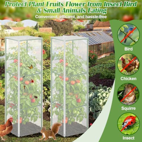 ROADPLUM 2 Pack Square Tomato Cages with 2 Plant Covers, 48" Heavy Duty Adjustable Tomato Cage for Garden, Plastic Coated Steel Pipe Stakes Trellis Plant Cages for Vegetable, Fruit, Climbing Plants - size: 2 PACK with Plant Covers