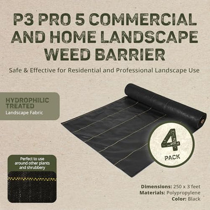 Dewitt 4-Pack Pro-5 Weed Barrier Fabric 5 oz, 3 x 250 Feet – Heavy-Duty Woven Landscape Ground Cover Mat for Raised Garden Bed, Greenhouse Gardening, Outdoor Landscaping, and Commercial Planting - size: 4 Pack, style: 3' x 250'