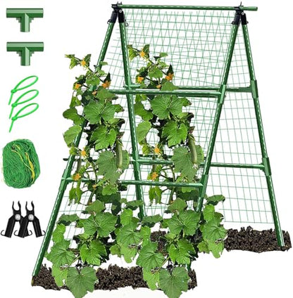 A-Frame Metal Garden Trellis Set for Raised Bed for Climbing Plants Outdoor-Detachable Cucumber Climbing Trellis with Net Clips-Garden for Cucumber Flowers Vegetables