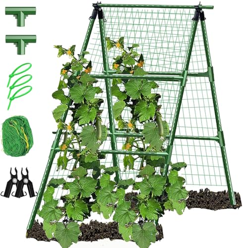 A-Frame Metal Garden Trellis Set for Raised Bed for Climbing Plants Outdoor-Detachable Cucumber Climbing Trellis with Net Clips-Garden for Cucumber Flowers Vegetables
