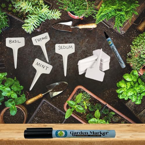 T Type Plastic Plant Labels for Seedlings (100 Pack T-Type Tags + 2 Garden Marker Pens) - Waterproof Outdoor Garden Stakes Markers - size: 100 T-Type Plant Tags w/ 2 Pack Garden Marker Pens