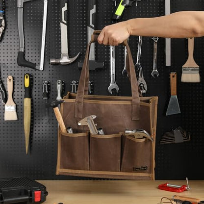 Heavy-Duty Waxed Canvas Tool Pouch - 14-Pocket Garden Tool Organizer with Removable Handle | Multi-Compartment Storage Bag for Tools (14.5" x 11" x 6.5", Grey) - color: Grey