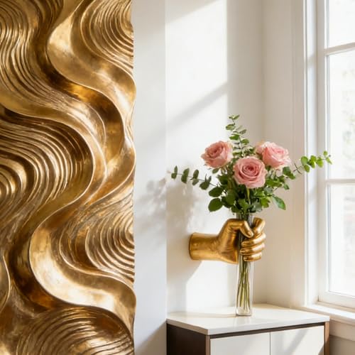 Gold Wall Sculptures, Hand Wall Vases Home Decor, Wall Mount Art Sculpture, Unique Wall Art Statue Vase Decor, Modern Hanging Vase for Living Rooms Decor,Hanging Test Tube Vase Statue(Gold)