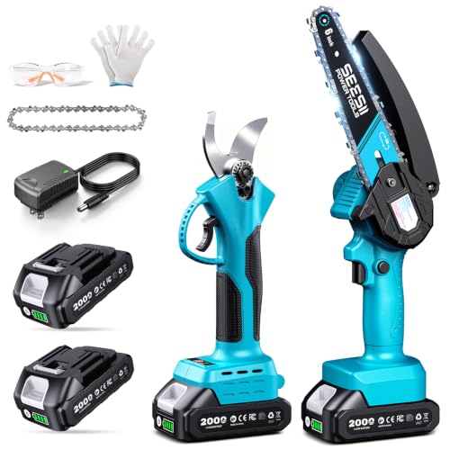 SEESII 2-in-1 Mini Chainsaw & Pruning Shears, 20V Brushless Motor Combo - color: Industrial Blue