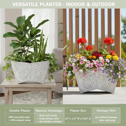 GreenShip 16 Inch Large Resin Flower Pots Set of 2 with Drainage Hole - style: Light Grey-2 Pack