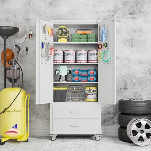 Aobabo Upgraded Metal Garage Storage Cabinet with Wheels and 2 Drawers, Lockable Rolling Tools Cabinet with Pegboards and Hooks,Assembly Required,White - color: White, size: 15"D x 30"W x 71"H-2 Drawers
