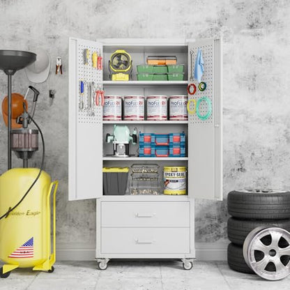 Aobabo Upgraded Metal Garage Storage Cabinet with Wheels and 2 Drawers, Lockable Rolling Tools Cabinet with Pegboards and Hooks,Assembly Required,White - color: White, size: 15"D x 30"W x 71"H-2 Drawers