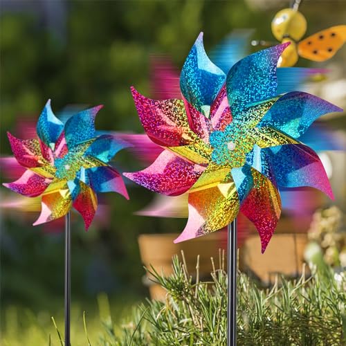 Hausse 10 Pack Reflective Pinwheels Wind Spinner (Assembly Required), Extra Sparkly Rainbow Pinwheel with Stakes, Bird Repellent Blinder Devices Scare Birds Away from Yard Patio Farm Garden, Colorful - color: Colorful