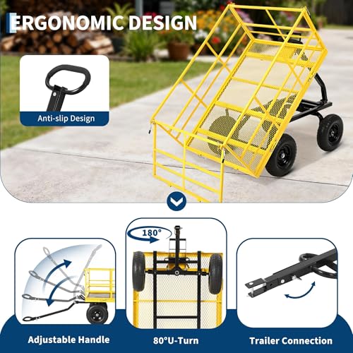 1500 lbs Heavy Duty Steel Garden Cart - Utility Yard Wagon - Removable Mesh Sides & 180° Swivel Handle - Flat-Free All-Terrain 13-Inch Wheels - Red Rims, Black Frame, Black Handlebars - color: Yellow