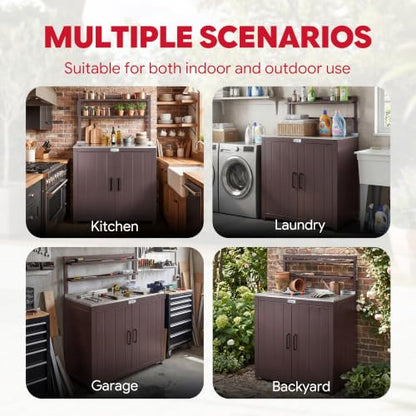 Feasto Outdoor Potting Bench Table with Storage Cabinet, Brown - color: Brown