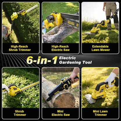 6-in-1 Cordless Pole Saw & Hedge Trimmer Combo & Grass Shear with Extension Pole Garden Tool with 2 * 4.0Ah Battery,180°Adjustable Angle,16Ft Reach,for Shrubs Pruning