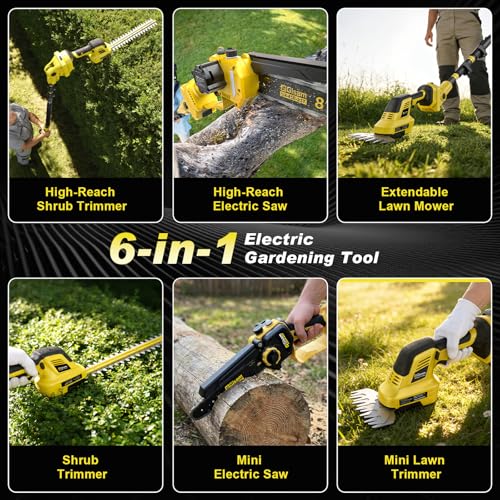 6-in-1 Cordless Pole Saw & Hedge Trimmer Combo & Grass Shear with Extension Pole Garden Tool with 2 * 4.0Ah Battery,180°Adjustable Angle,16Ft Reach,for Shrubs Pruning