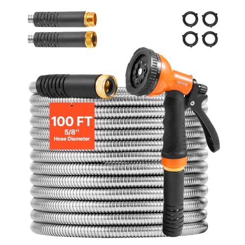 VEVOR Garden Hose Metal 100FT – Heavy Duty Stainless Steel Water Hose, Flexible, No Kink & Tangle, Puncture Resistant & Rust Proof, Lightweight w/ 10-Function Spray Nozzle for Yard, Outdoor, Gardening - size: 100 ft with 10 Function Spray Nozzle