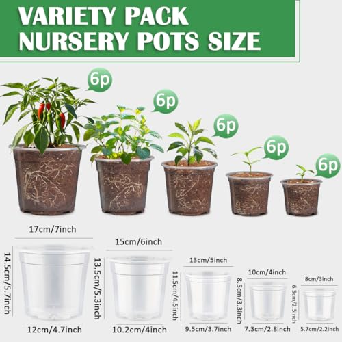 30 Pack 7/6/5/4/3 Inch Clear Nursery Pots for Plants, Flexible Plastic Plant Pots with Drainage Holes, Transparent Seed Starter Pots Variety Pack for Succulents, Seedlings, Flowers, Vegetable - size: Mix-3/4/5/6/7Inch 30P