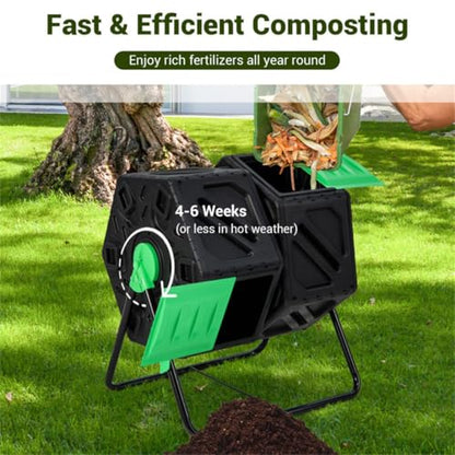 34.5 Gallon Dual Chamber Compost Tumbler, 360° Rotating Compost Bin with Sliding Doors, Aeration System, BPA Free PP Material, Rustproof Metal Frame, Black and Green, 25.5 x 23.5 x 29 Inches, 18 lbs