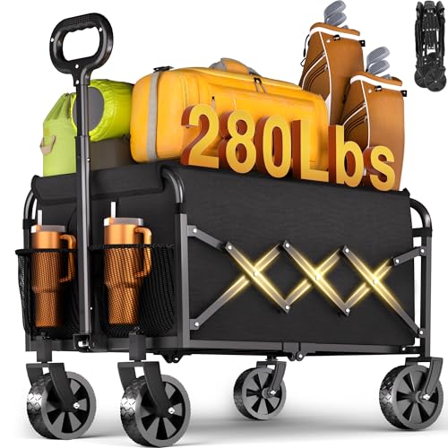 Wagons Carts Foldable - 280Lbs Collapsible Wagon Cart with Wheels Portable - Folding Wagon Lightweight for Camping, Sports, Travel, Picnic, Groceries, Shopping - color: Jet Black-280lb