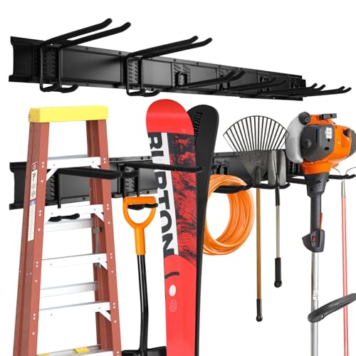 32‘’/48‘’ Garage Storage, Garage Organization, Garden Tool Organizer Wall Mount, 420lbs Adjustable Heavy Duty Metal Hanging Hooks, Yard Rack Hanger System Shovel Rake Broom Ladder Holder, Men Gift