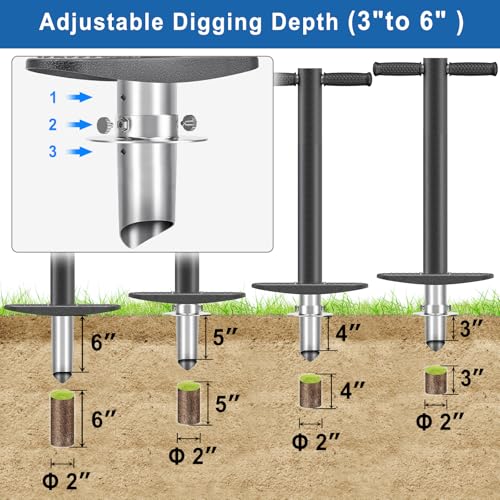 BeneLabel Garden Bulb Planter Tool with Adjustable Digging Depth from 3 to 6 Inch Grass Plugger Tool with Long Handle Bulb Transplanter Tool for Digging, Planting, Grass Repair - color: Type-A