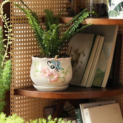 Ceramic Plant Pots with Drainage Holes and Saucers, Small Planters Set of 3 - color: White02