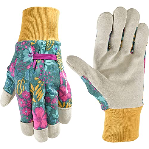 Wells Lamont Women's Gardening Gloves, Leather Palm, Botanical, Large