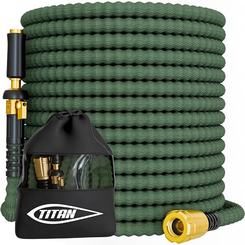 TITAN Flexible Garden Hose 30FT – Ultra Lightweight, Heavy Duty Water Hose with Brass Fittings & Jet Nozzle – Kink-Free, Non-Expanding, Durable Fabric Hose for Yard, Lawn, Car Wash, Outdoor Use - color: Forest Green, size: 30FT