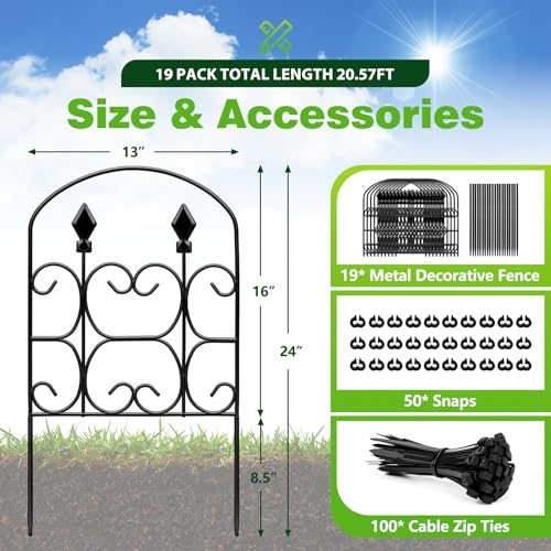 19 Pack Decorative Garden Fence Panels – 24in(H) x 20.57ft(L) Black Metal Fence with Floral No Dig Animal Barrier Fence Rustproof Garden Edging for Yard Patio Dog Outdoor Decor Flower Bed - size: 20.57ft(L) x 24in(H),19 Pack