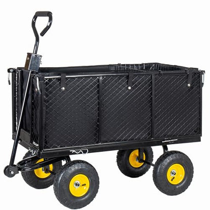 4-in-1 Steel Dump Garden Cart, 880lbs Oversized Pullable Mesh Metal Cart, All-Terrain Utility Cart with Removable Liner, Side Panels & Mesh Tray, Black for Outdoor Lawn Patio Landscaping