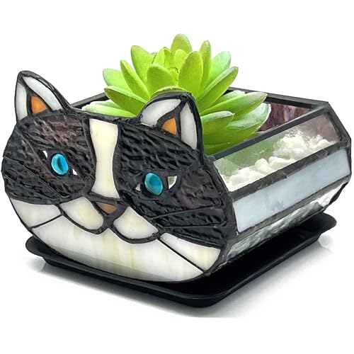 Cactus Black Cat Planter, Cute Small Stained Glass Flower Pot,Terrarium Planter for Tabletop Houseplants，Gifts for Cat Lovers 4.33x3.54x2.95 in (Flower Pot Does not Include Plants) - color: Little Black Cat