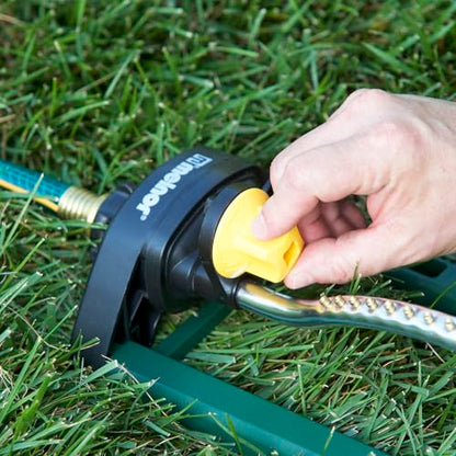 Melnor 65149AMZ Oscillating Sprinkler, 18 Precision Brass Nozzles, Adjustable Coverage, Waters Up to 3,400 Sq. Ft., Quick Connect Bundle, Green, Yellow - style: 3,400 sq. ft.