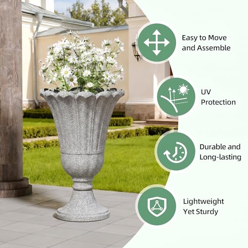 Tall Plastic Urn Planters and Pedestal - 24" Outdoor Planter Gray - color: Grey-petal