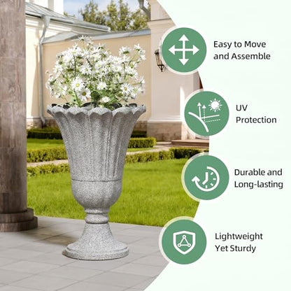 Tall Plastic Urn Planters and Pedestal - 24" Outdoor Planter Gray - color: Grey-petal