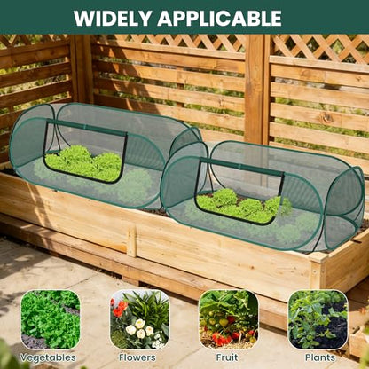 2 Pack Raised Garden Bed Covers, 45 x 22 x 17 in Pop Up Plant Covers for Frost Protection, Mesh Garden Bed Protector with Zipper for Vegetables & Seedlings, Birds & Small Animals, 16 Stakes
