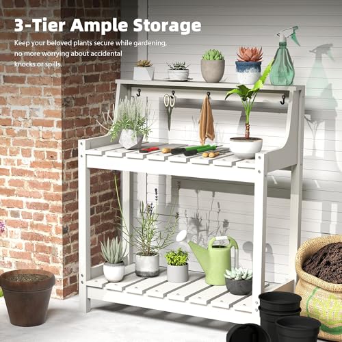 Domi 3-Tier Potting Benches for Outside, HDPE Outdoor Potting Table, White - color: White
