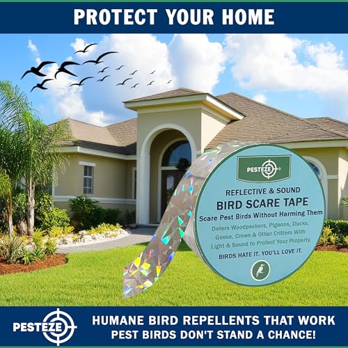 PESTEZE USA Bird Deterrent Reflective Tape–Dual-Sided Holographic Scare Ribbon (2in x 360ft) to Repel Nuisance Birds and Protect Gardens, Patios, Yards & Buildings from Pigeons, Woodpeckers, & Geese