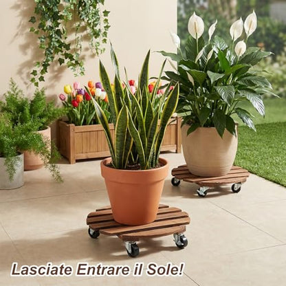 2 Pack Wood Plant Caddy with Wheels, 14 Inch Heavy-Duty Plant Dolly with 360° Lockable Casters, Rolling Plants Stand for Large Pots, Indoor & Outdoor Use