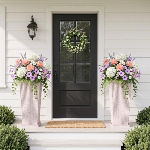 Square Tall Planters for Outdoor Plants with Tray - Stone Finishes - color: White Red Speckled-stone Finishes