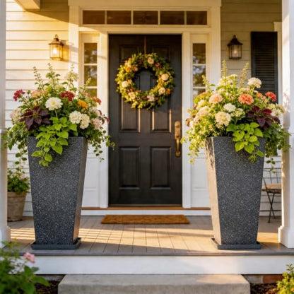 Autodaya 28" Plant Pots Tall Planters for Plants Outdoor Set of 2 with Tray - color: Tall Terrazzo Black-28"