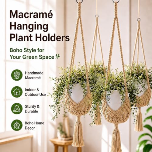 Shappy 1 Pack Boho Macrame Plant Hanger for Indoor - color: Jute Color, size: Style D