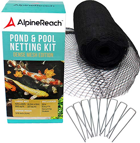 AlpineReach Pond Netting Kit 15 x 20 Feet & 20 Steel Staples - Woven Fine Mesh Heavy Duty Stretch Net Cover for Leaves - Protects Koi Fish from Blue Heron Birds Cats Predators - Galvanized Stakes - color: Black, size: 15x20ft (20 Steel Staples Included)